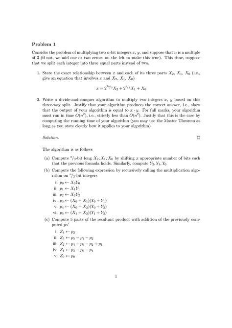 a1 assignment 1 problem 1 consider the problem of multiplying two n bit integers x y and