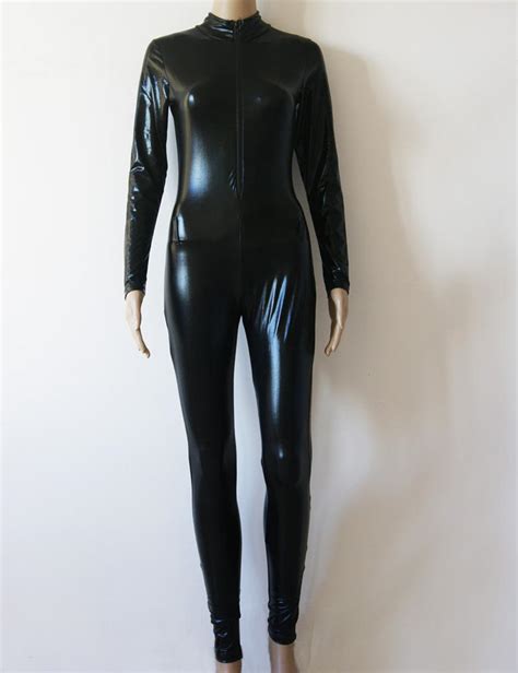 compre de calidad superior sexy halloween catwoman traje negro zip frontal vinilo catsuit wet