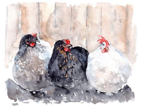 Print Chickens Three Watercolor Bird Bird Art Painting By Etsy