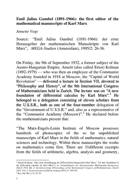 Pdf Emil Julius Gumbel 1891 1966 The First Editor Of The Mathematical Manuscripts Of Karl