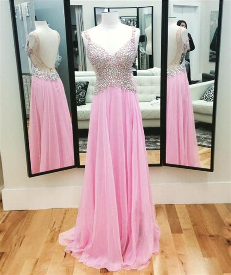Sexy V Neck Prom Dress Pink Rhinestone Prom Dress Unique Prom Dress Popular Backless Prom