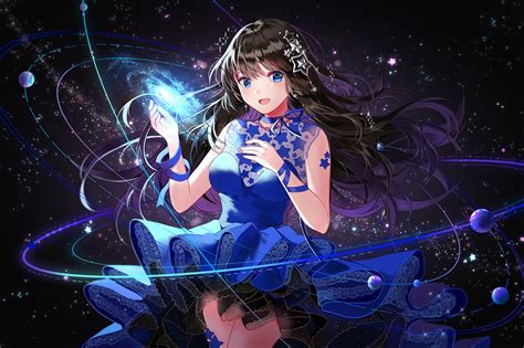 Black Black Hair Blue Eyes Blush Choker Dress Long Hair Original Planet