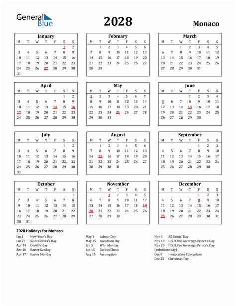 Free Printable 2028 Monaco Holiday Calendar