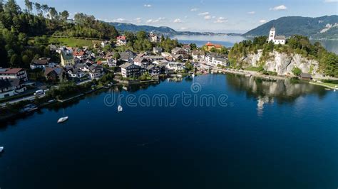 Pier At The Traunsee Lake In Alps Mountains Upper Austria Stock Photo