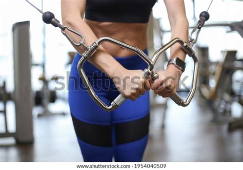 Fitness Woman Trains Pectoral Muscles Cable Stock Photo 1954040509