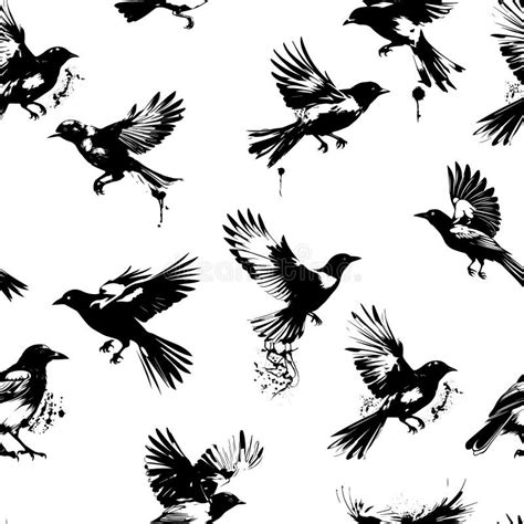Black And White Seamless Pattern With Flying Birds Flying Magpies