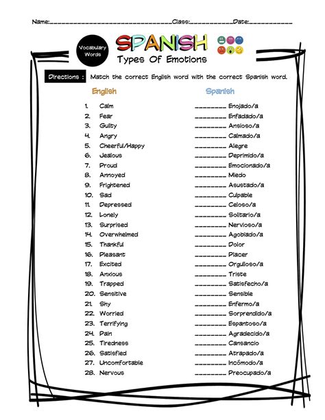 Spanish Emotions Vocabulary Matching Worksheet And Answer Key Made By