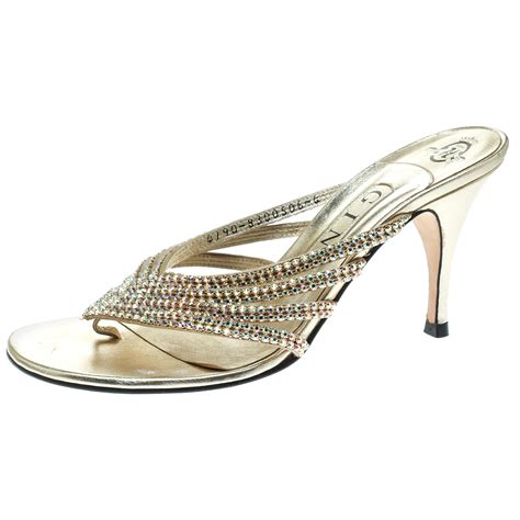 Gina Metallic Black Leather Crystal Embellished Cut Out Peep Sandals Size 375 For Sale At 1stdibs