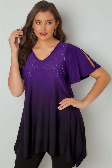 Purple Ombre Longline Top With Stud Details And Hanky Hem Plus Size 16 To 36