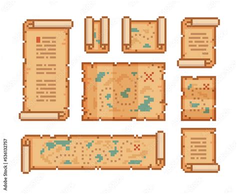 Ancient Treasure Map Set On Parchment Scroll Pixel Art Path Map Icon