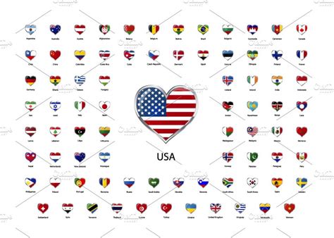 Heart Shaped Glossy Countries Flags Pre Designed Illustrator Graphics