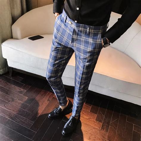 Men Dress Pants Plaid Slim Fit Ankle Length New Fashion Check Suit