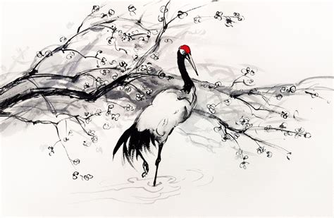 Japanese Red Crowned Crane And Plum Blossom Oriental Style Painting