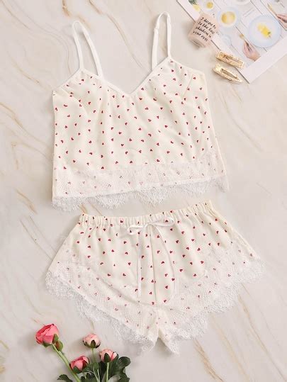 Heart Print Lace Trim Cami With Shorts Cute Sleepwear Fashion Cute