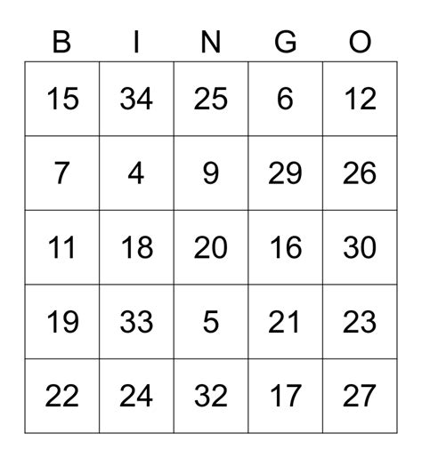 Number 1 35 Bingo Card