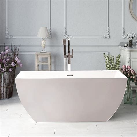 Vanity Art Freestanding White Acrylic Bathtub Modern Stand Alone Soaking Tub With Polished