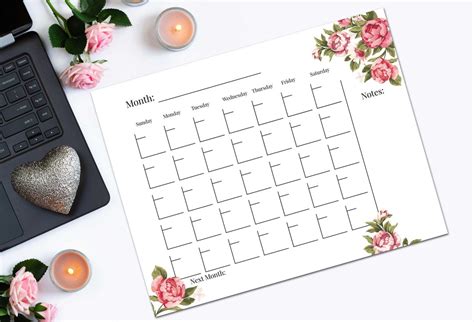 Printable Blank Rose Calendar Etsy