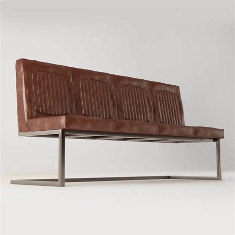 Brown Vintage Leather Banquette Bench With Back Industrial Chic Style