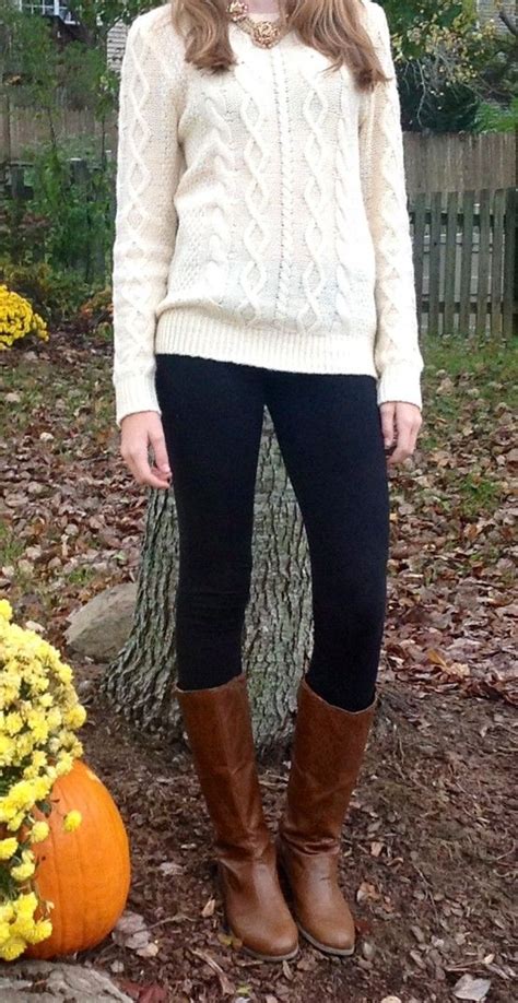Outfit Post Cream Cable Knit Sweater Black Skinny Jeans Brown Riding