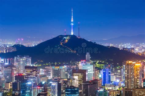 Beautiful City Of Lights At Night Seoul Tower And Skyscrapers Of Seoul