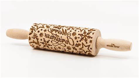 No R224 Merry Christmas Rolling Pin Embossed Rolling Pin Wooden