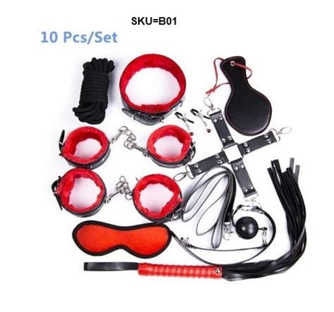 Handcuffs Ankle Cuffs Collar Blindfold Nipple Clamps Whip Rope5m Mouth Ball Gap Sex