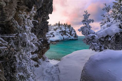 Canada Lake Lake Huron Mountain Ontario Rock Snow Winter Wallpaper