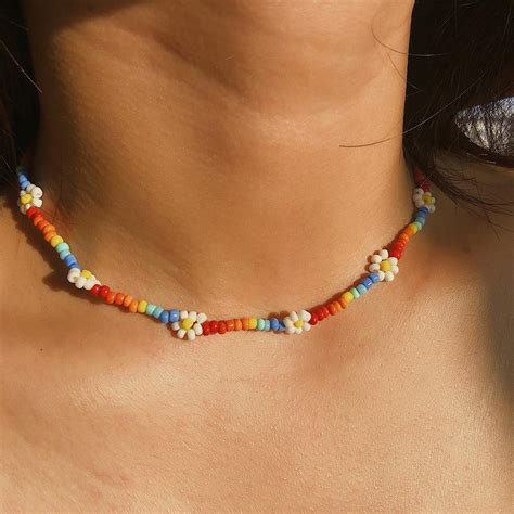 Daisy Flower Colorful Beaded Choker Necklace Etsy In Beaded