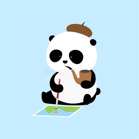 Vector Illustration A Cute Cartoon Giant Panda Artist Is Sitting On