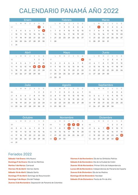 Calendario De Panamá Año 2022 Feriados