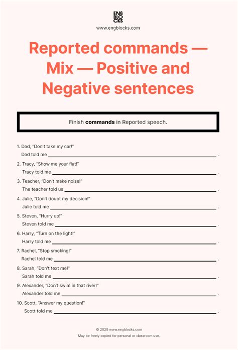 Reported Commands Mix Positive And Negative Sentences Esl