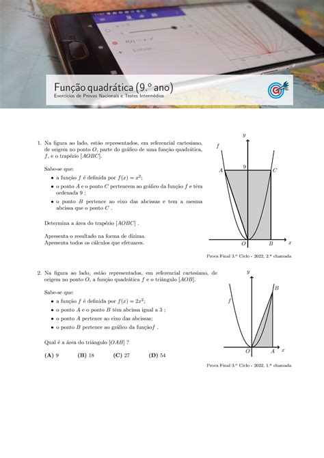 Função Quadrática Fun ̧c ̃ao Quadr ́atica 9 O Ano Exerc ́ıcios De Provas Nacionais E Testes