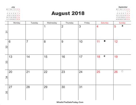 Printable Calendar August 2018 Whatisthedatetodaycom