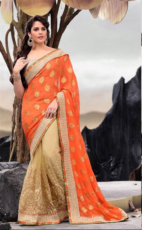 orange viscose half and half saree with blouse 57791 party wear sarees saree designs stylish