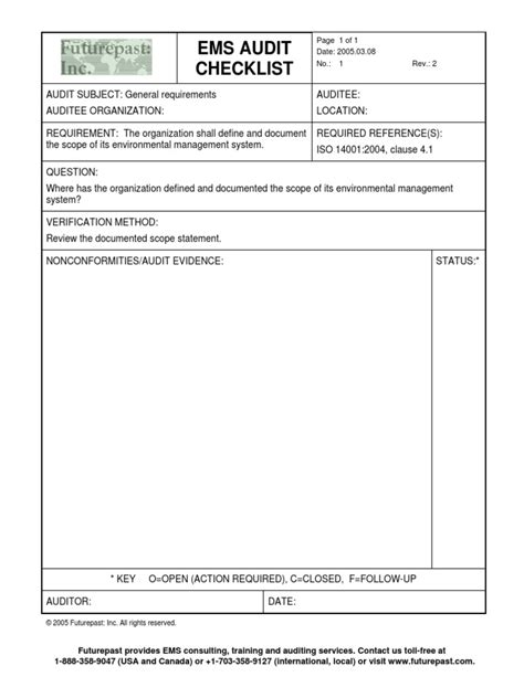 Ems Audit Checklist Page 1 Of 1 Date 20050308 No 1 Rev 2 Pdf