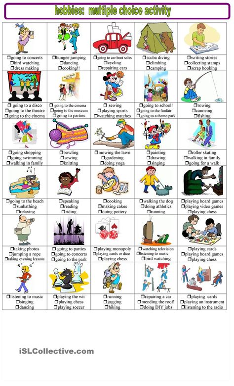 Hobbies And Pastimes Multiple Choice Activities Free Time Activities