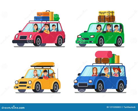 家庭旅行的汽车 在汽车的愉快的人旅行 与母亲和父亲的假期旅行微型货车动画片传染媒介的 向量例证 插画 包括有 幸福 愉快 121335003