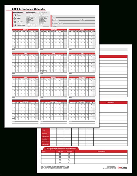 2021 Employee Attendance Calendar Free Calendar Template Printable