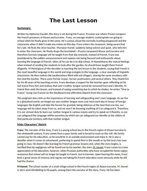 The Last Lesson Summary Summaries English Docsity