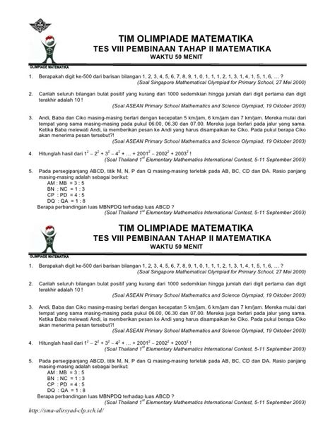 24 Soal Olimpiade Matematika Kelas 1 Sd Soal Jawaban