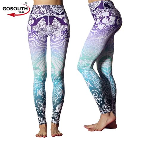 women high waist jogging yoga pants high waist floral printed sports leggings purple blue ombre