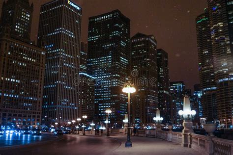 Chicago Downtown At Night In Winter With Snow Editorial Stock Photo