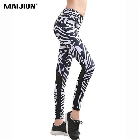 maijion women sexy fitness yoga pants zebra striped elastic sport leggings mesh patchwork gym