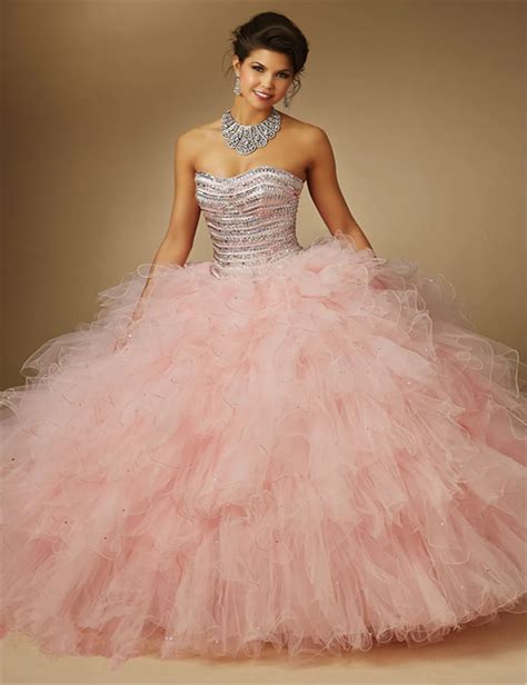 2016 Latest Style Pink Quinceanera Dress Lace Up Ruffles Ball Gown With Tulle Crystals Beaded