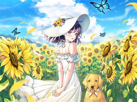 Anime Girl Summer Dress Dog Sunflower Field Hat Butterfly Anime