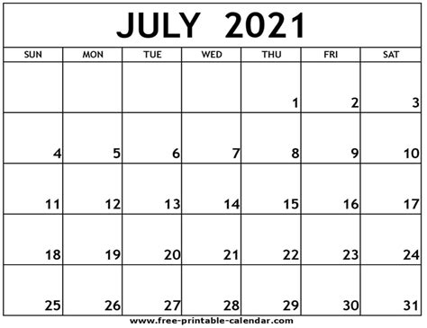 July 2021 Printable Calendar Free Printable Printable