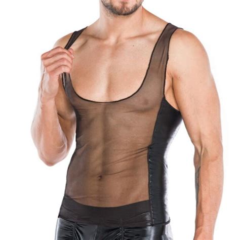 Aliexpress Com Buy Mesh Breathable Mens Tank Tops With Patent Leather