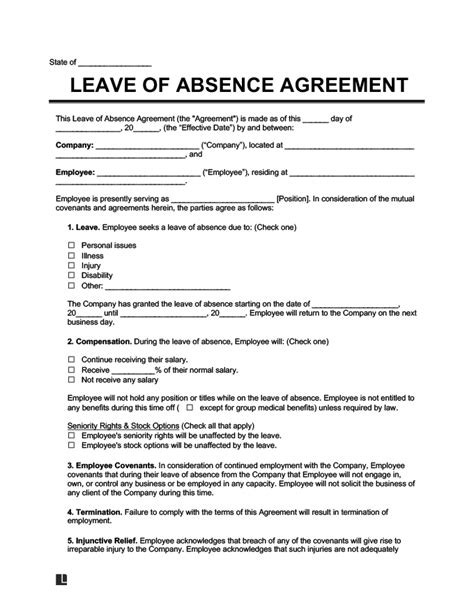 Free Leave Of Absence Agreement Template Pdf And Word