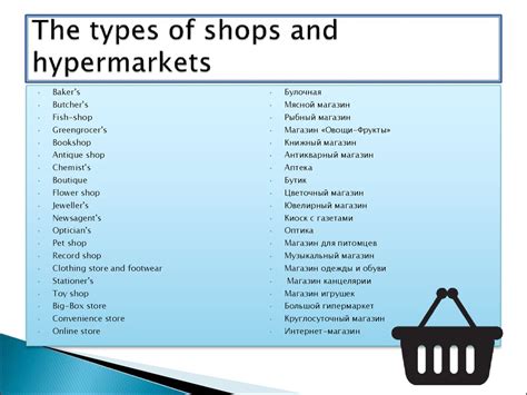 The types of shops and hypermarkets - презентация онлайн