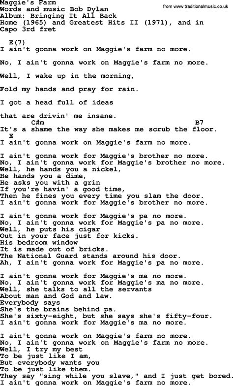 Bob Dylan Song Maggies Farm Lyrics And Chords